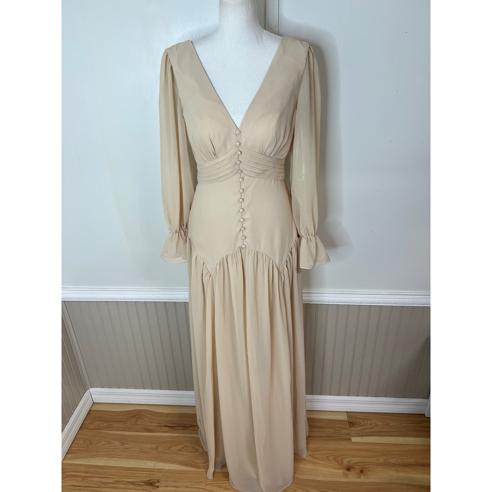 AW Bridal Champagne Beige Long Sleeve V-Neck Maxi Dress Gown Size 6